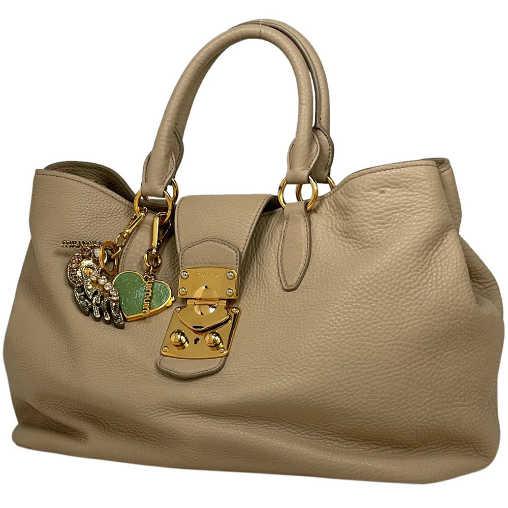 Miu Miu Logo Handbag Shoulder Bag Leather Beige